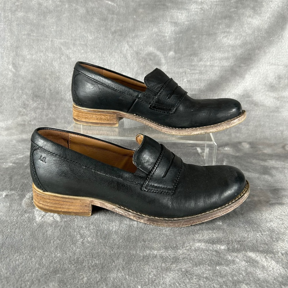 Josef Seibel Black Leather Penny Loafers Womens 38 Slip On Stacked Heel Shoes